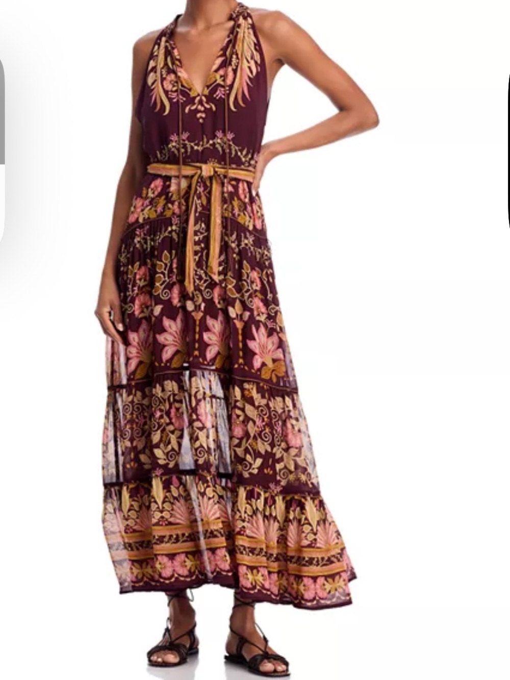 FARM Rio Plum Floral Halter Maxi Dress with Pink and Mustard Accents